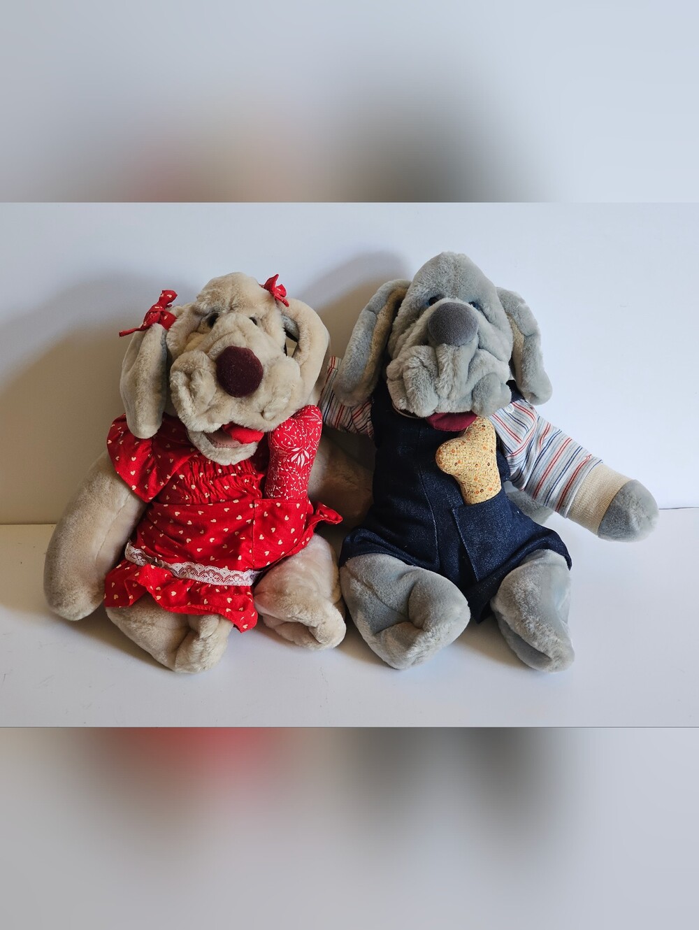 Vintage Wrinkles Dog Plush Hand Puppet Set of 2 Red Dress & Overalls w/ Bones
